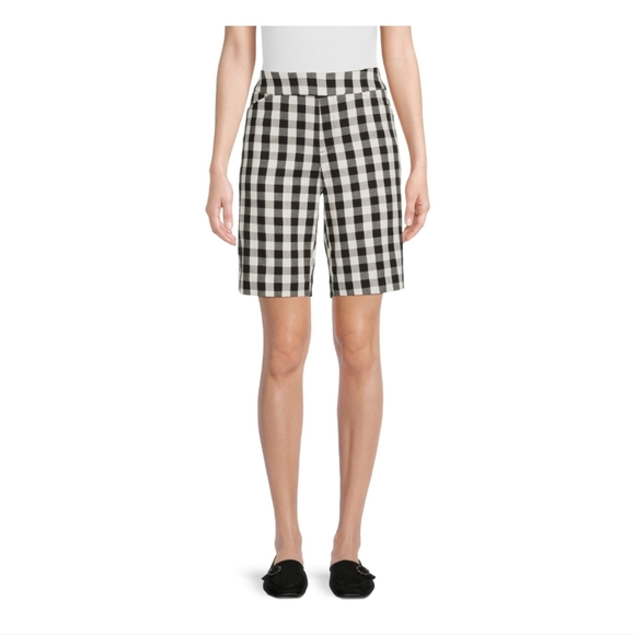 Women's Time and Tru Pull On Bermuda Shorts Black and White Checkered Plaid - Picture 3 of 6